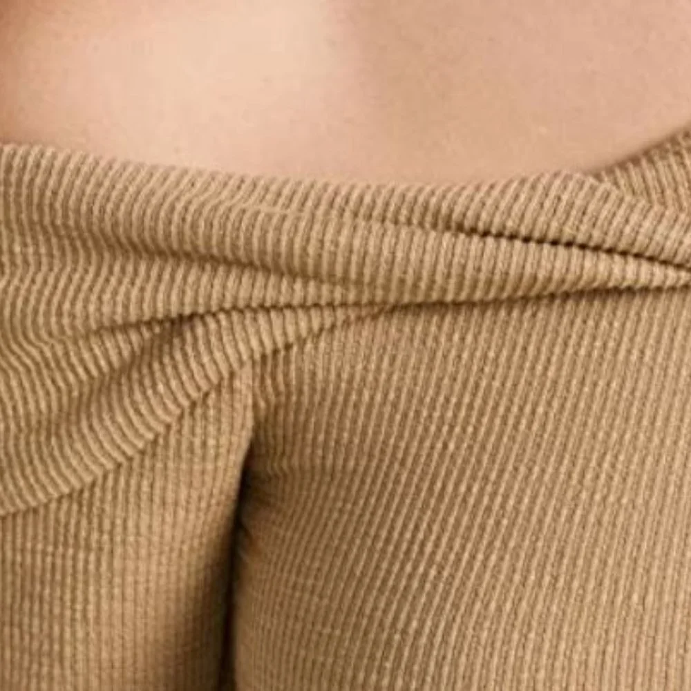 Free People Addie Top - Long Sleeve Off-Shoulder Ribbed Top in Tan